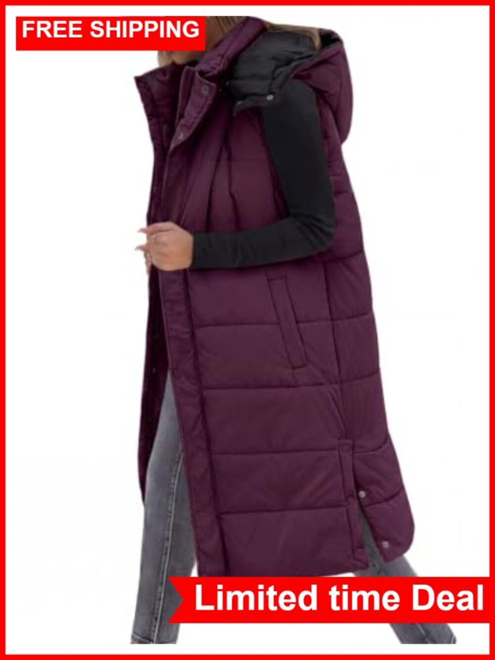 Long Puffer Vest Women Hooded Sleeveless Down Vest Warm Winter Coat Pockets